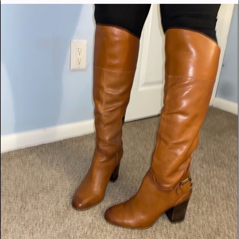 Vince Camuto Tall Leather Heeled Boots in Cognac Brown